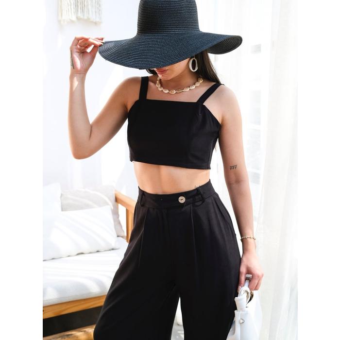 Keten Gi̇peli̇ Crop Ve Pantolon İki̇li̇ Takim