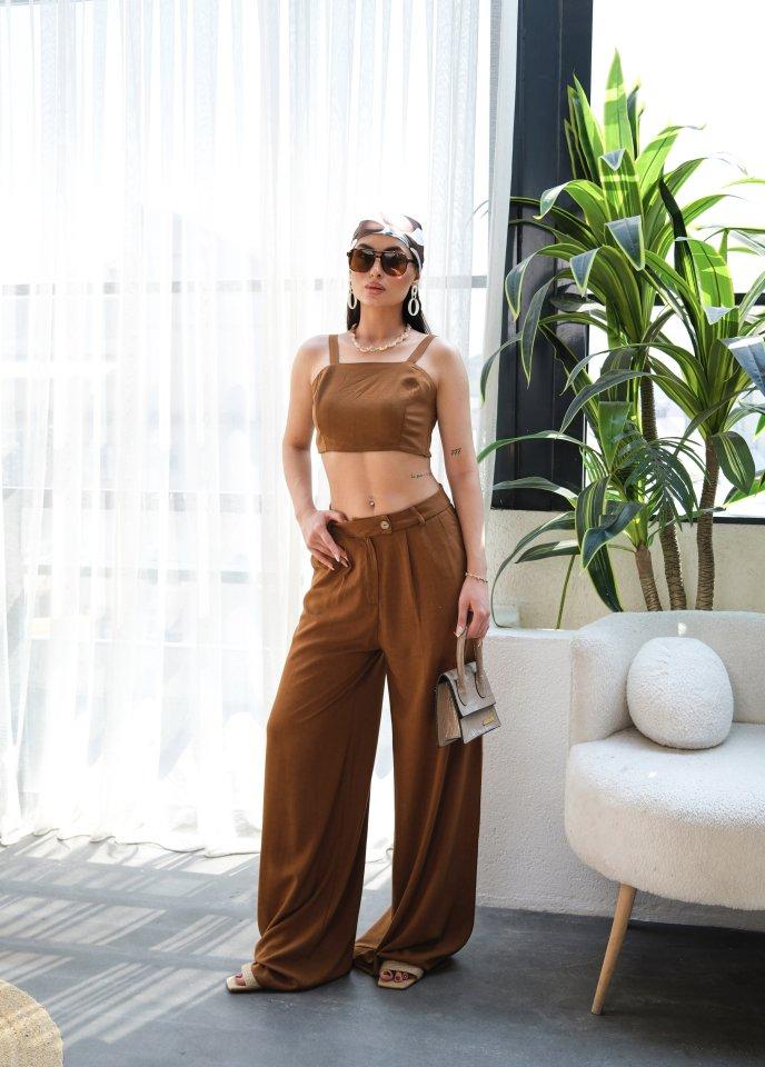 Keten Gi̇peli̇ Crop Ve Pantolon İki̇li̇ Takim