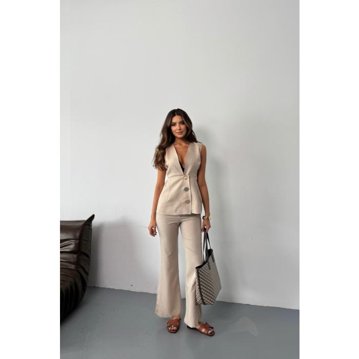 KETEN GOLD DÜĞMELİ YELEK - PANTOLON TK - Bej