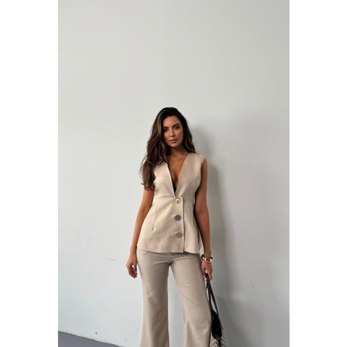 KETEN GOLD DÜĞMELİ YELEK - PANTOLON TK - Bej