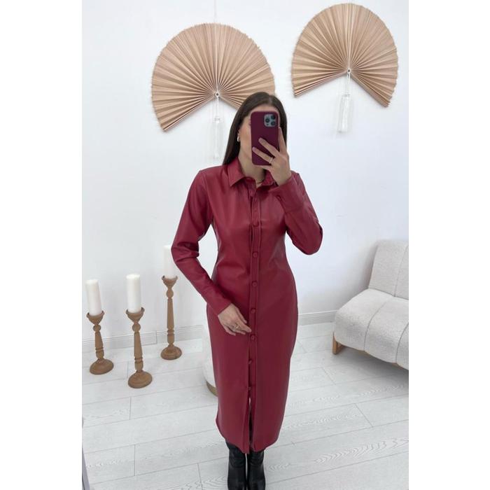 Kırmızı Boydan Düğmeli Deri Elbise