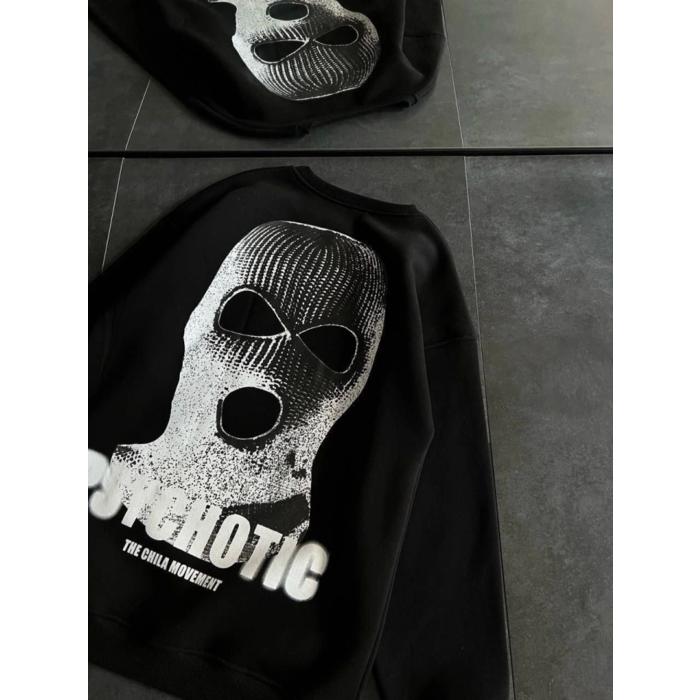Kışlık Bisiklet Yaka Baskılı SweatShirt - Siyah