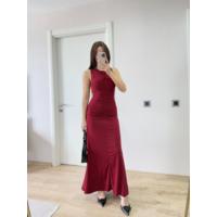 Kolsuz Büzgülü Uzun Elbise - Kırmızı