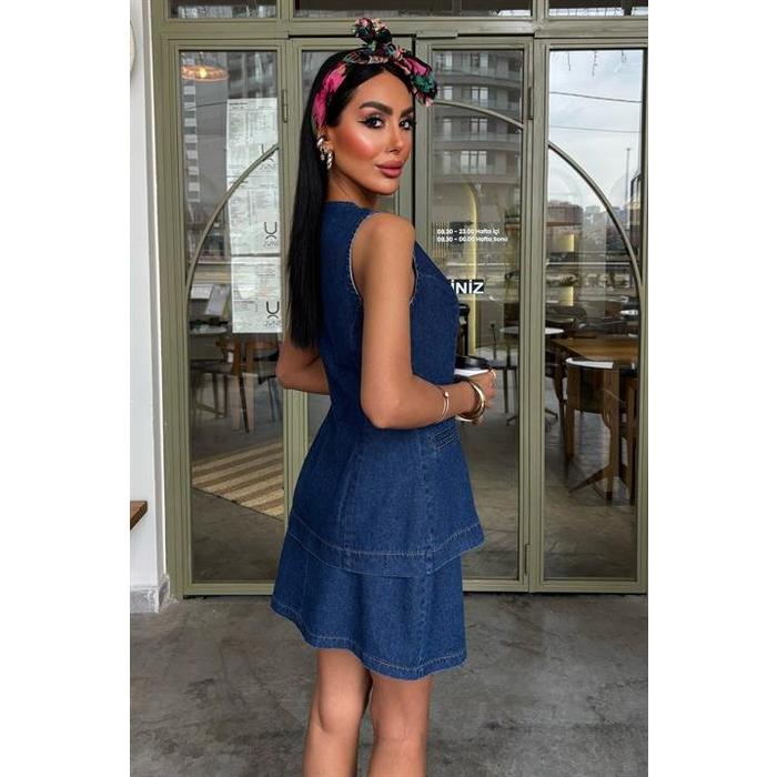 Kolsuz Yelekli Mini Etekli Denim Takım 10164