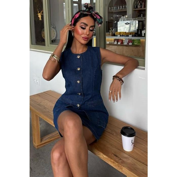 Kolsuz Yelekli Mini Etekli Denim Takım 10164