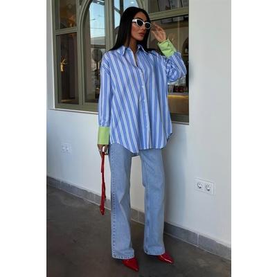 Kolu Manşet Detay Çizgili Oversize Gömlek 3405
