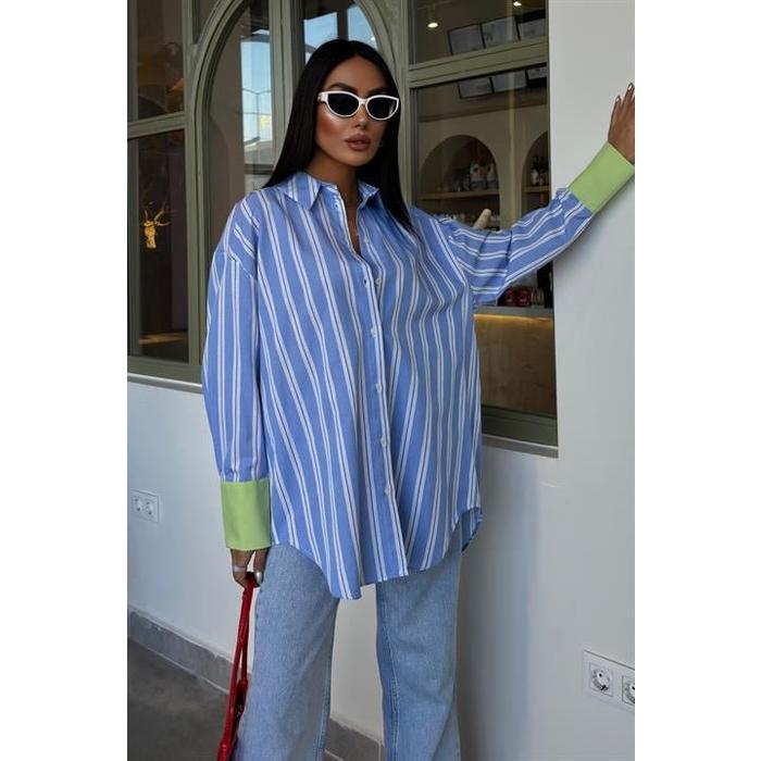 Kolu Manşet Detay Çizgili Oversize Gömlek 3405