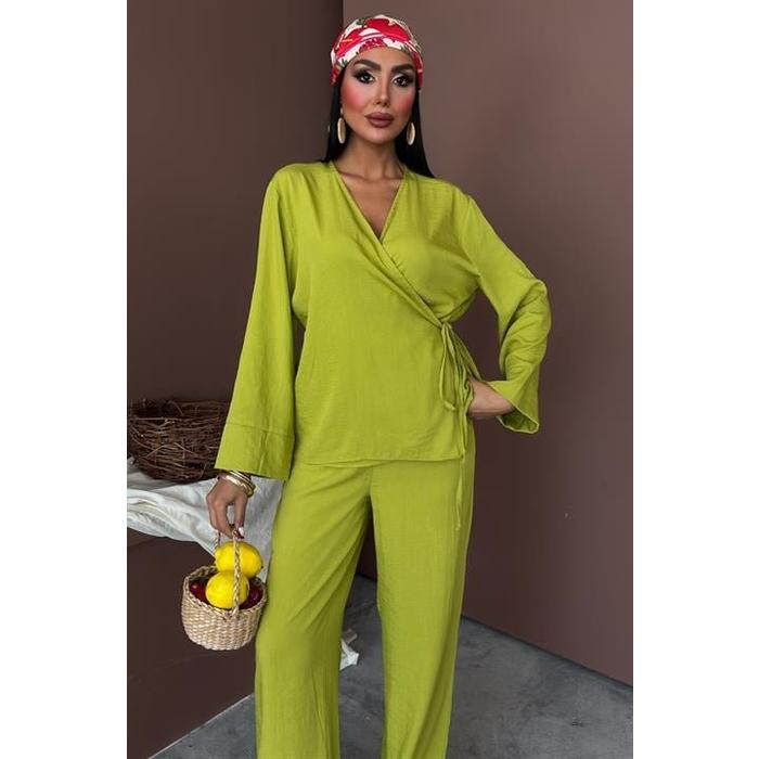 Kruvaze Model Klasik Pantolonlu Çupra Keten Takım 10191