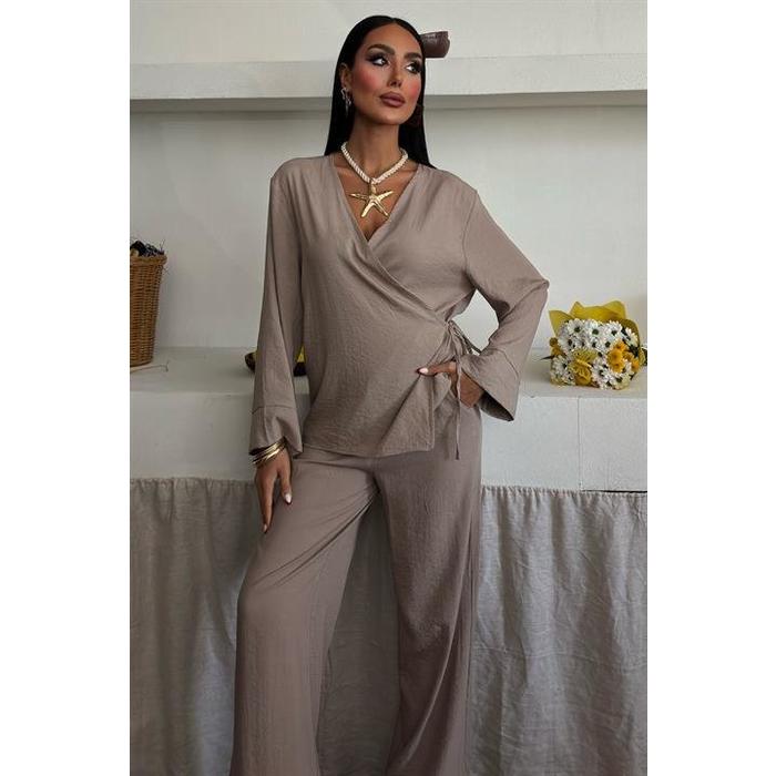 Kruvaze Model Klasik Pantolonlu Çupra Keten Takım 10191