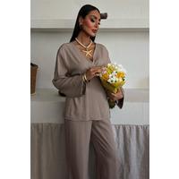 Kruvaze Model Klasik Pantolonlu Çupra Keten Takım 10191