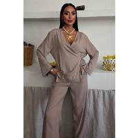 Kruvaze Model Klasik Pantolonlu Çupra Keten Takım 10191