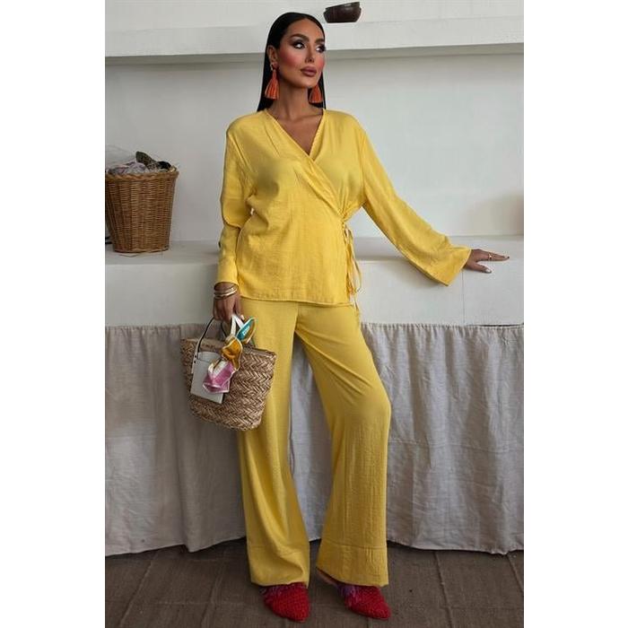 Kruvaze Model Klasik Pantolonlu Çupra Keten Takım 10191