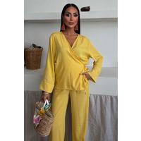 Kruvaze Model Klasik Pantolonlu Çupra Keten Takım 10191