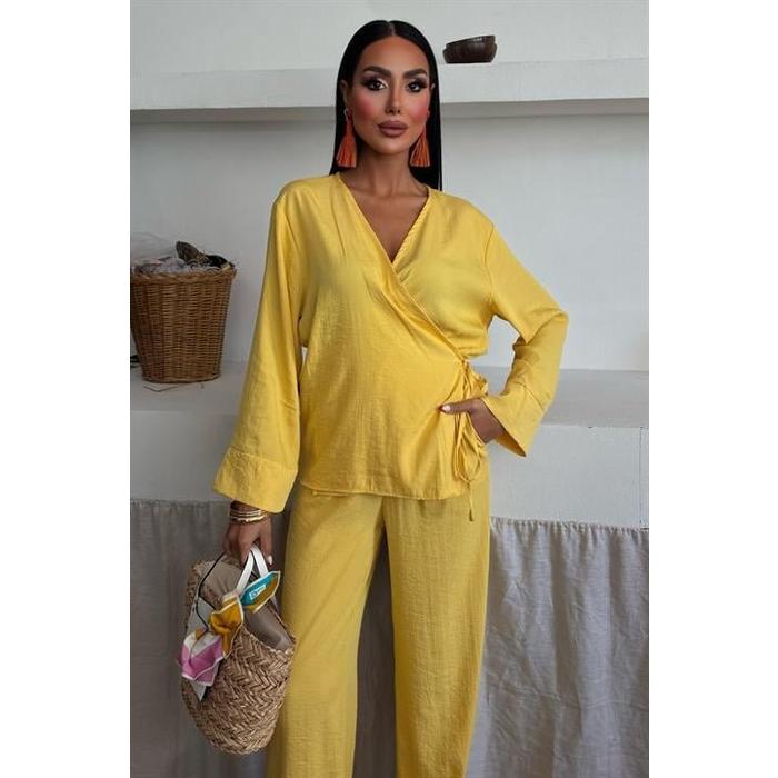 Kruvaze Model Klasik Pantolonlu Çupra Keten Takım 10191