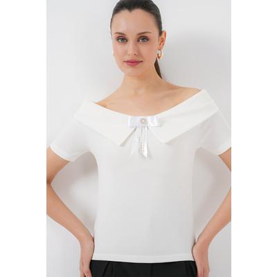 Kurdele Detaylı Örme Bluz 949 - Beyaz