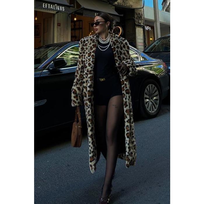 Leopar Desenli İçi Astarlı Peluş Kaban 7065