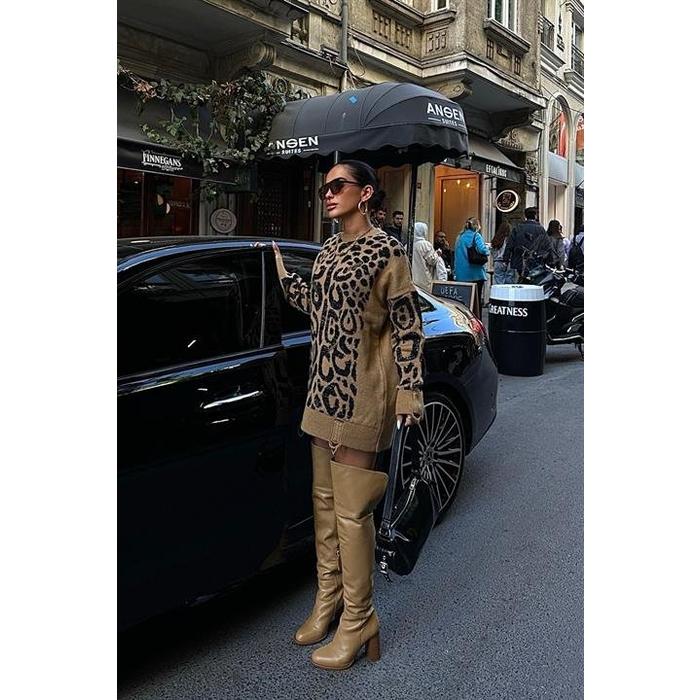 Leopar Desenli Yırtık Detaylı Kazak 1344