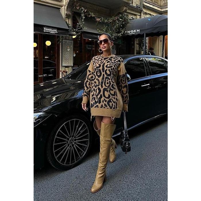 Leopar Desenli Yırtık Detaylı Kazak 1344