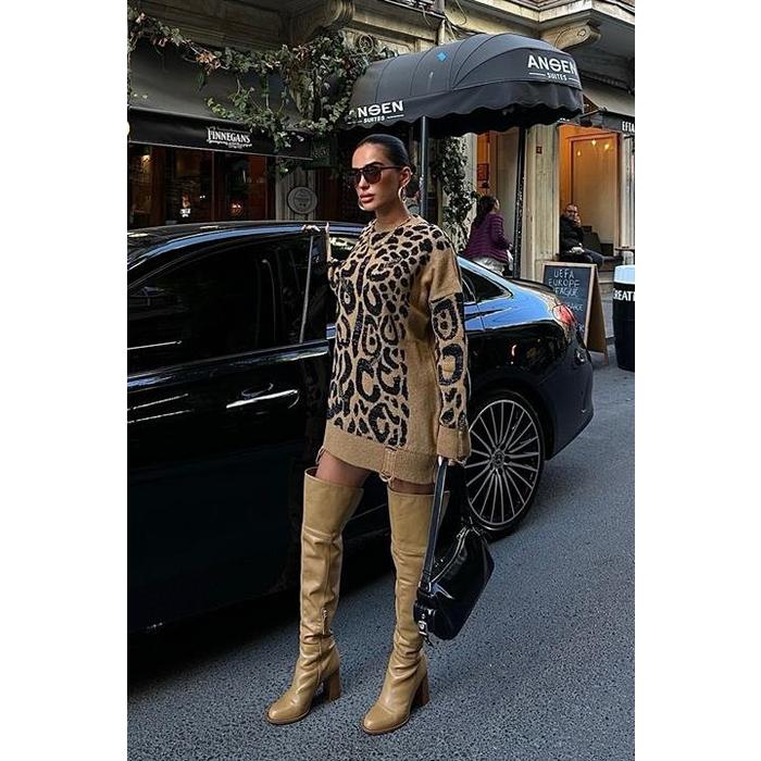 Leopar Desenli Yırtık Detaylı Kazak 1344