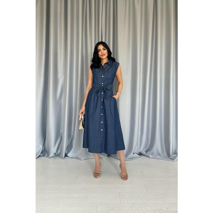 Mavi Tencel Çıtçıtlı Elbise