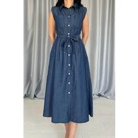 Mavi Tencel Çıtçıtlı Elbise