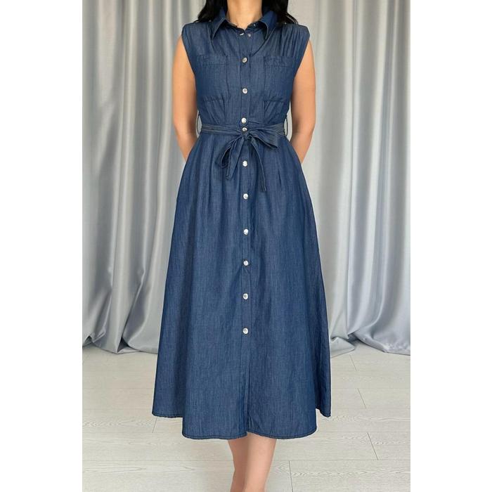 Mavi Tencel Çıtçıtlı Elbise