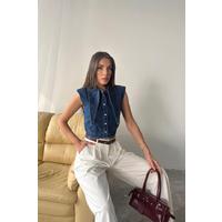 Mavi Yaka Detaylı Denim Crop