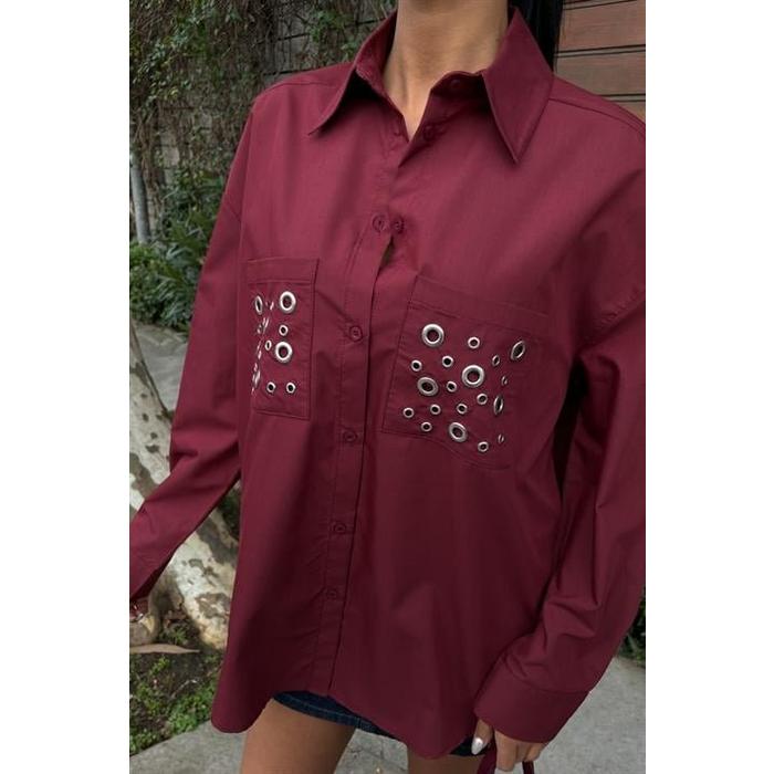 Metal Kuşgözü Detaylı Poplin Gömlek 3453