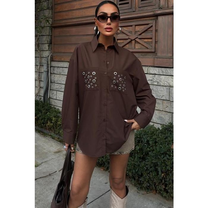 Metal Kuşgözü Detaylı Poplin Gömlek 3453