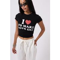 Nakış Detay Baskılı Crop T-Shirt