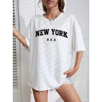 New York Baskılı Oversize Bisiklet Yaka T-shirt - Beyaz