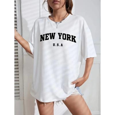 New York Baskılı Oversize Bisiklet Yaka T-shirt - Beyaz