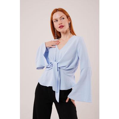 Ön Bağlamalı Volan Kol Bebe Mavisi Bluz