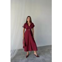 ÖNDEN DÜĞMELİ CRUSHLI MODAL ELBİSE - Bordo