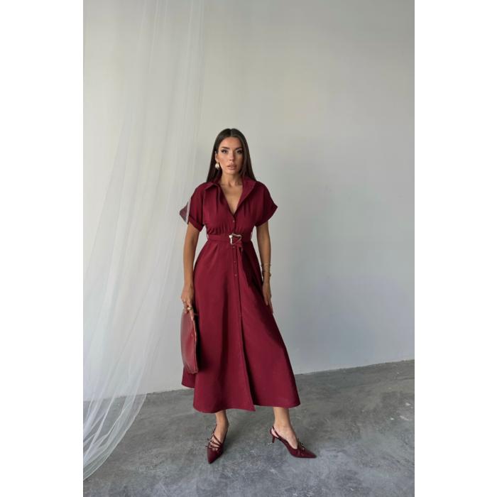 ÖNDEN DÜĞMELİ CRUSHLI MODAL ELBİSE - Bordo