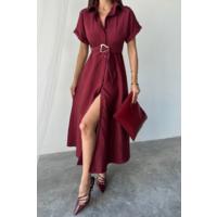 ÖNDEN DÜĞMELİ CRUSHLI MODAL ELBİSE - Bordo
