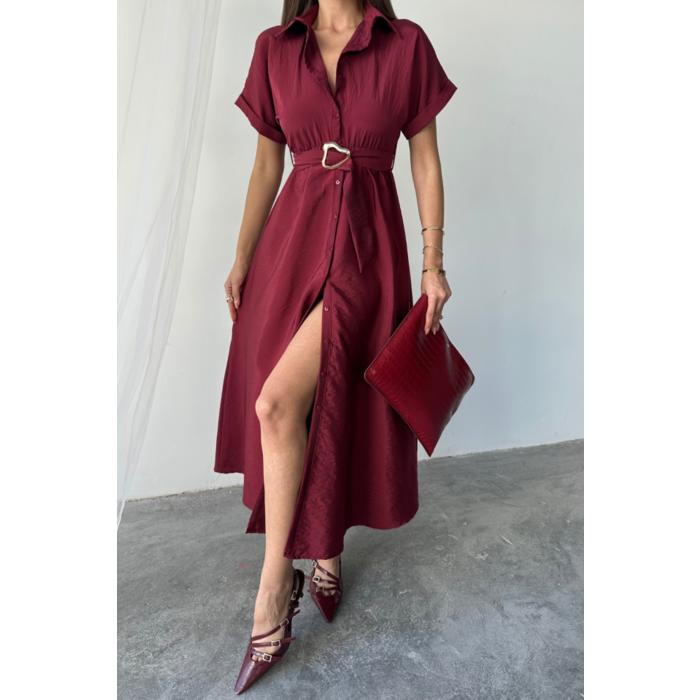 ÖNDEN DÜĞMELİ CRUSHLI MODAL ELBİSE - Bordo