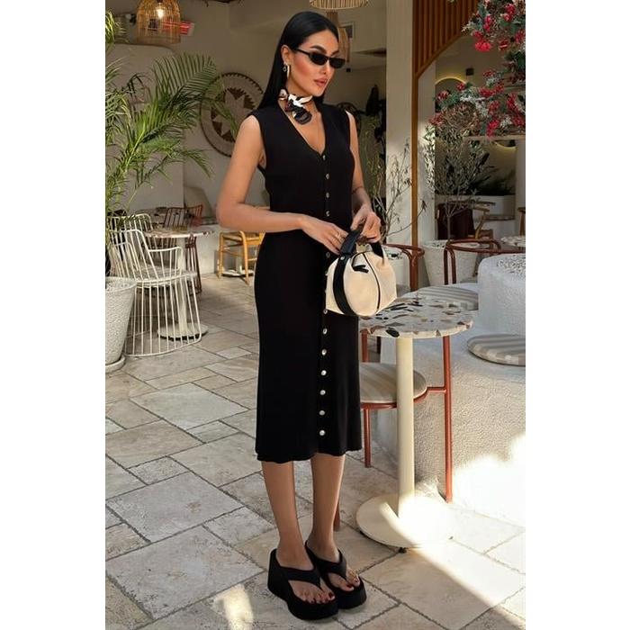 Önü Düğmeli Fitilli Kolsuz Elbise 2832