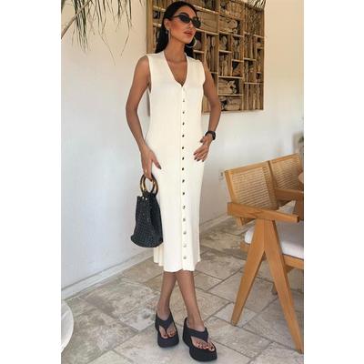Önü Düğmeli Fitilli Kolsuz Elbise 2832