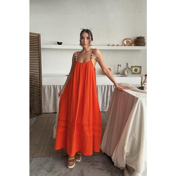 Oranj Askılı Müslin Elbise