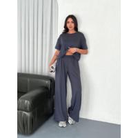 Osy Modal Yumuşak Dokulu Kumaş Bisiklet Yaka T-shirt Bol Paça Pantalon Ikili Takım -Antrasit