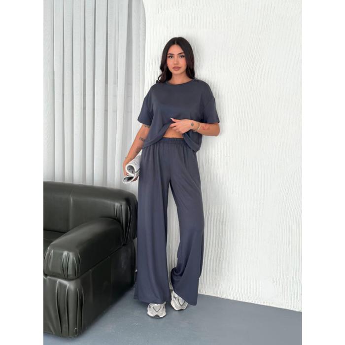 Osy Modal Yumuşak Dokulu Kumaş Bisiklet Yaka T-shirt Bol Paça Pantalon Ikili Takım -Antrasit