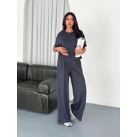 Osy Modal Yumuşak Dokulu Kumaş Bisiklet Yaka T-shirt Bol Paça Pantalon Ikili Takım -Antrasit