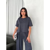 Osy Modal Yumuşak Dokulu Kumaş Bisiklet Yaka T-shirt Bol Paça Pantalon Ikili Takım -Antrasit