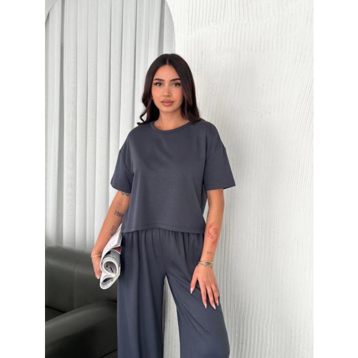 Osy Modal Yumuşak Dokulu Kumaş Bisiklet Yaka T-shirt Bol Paça Pantalon Ikili Takım -Antrasit
