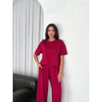 Osy Modal Yumuşak Dokulu Kumaş Bisiklet Yaka T-shirt Bol Paça Pantalon Ikili Takım -Bordo