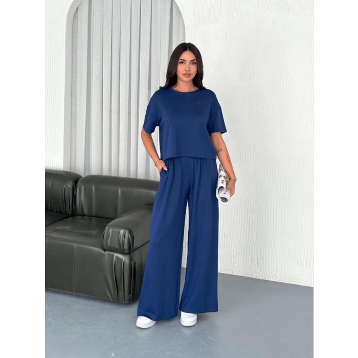 Osy Modal Yumuşak Dokulu Kumaş Bisiklet Yaka T-shirt Bol Paça Pantalon Ikili Takım -Saks Mavi