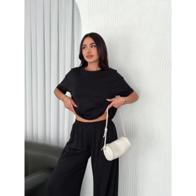 Osy Modal Yumuşak Dokulu Kumaş Bisiklet Yaka T-shirt Bol Paça Pantalon Ikili Takım -Siyah