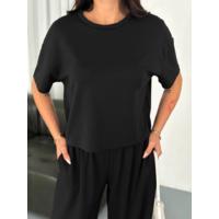 Osy Modal Yumuşak Dokulu Kumaş Bisiklet Yaka T-shirt Bol Paça Pantalon Ikili Takım -Siyah