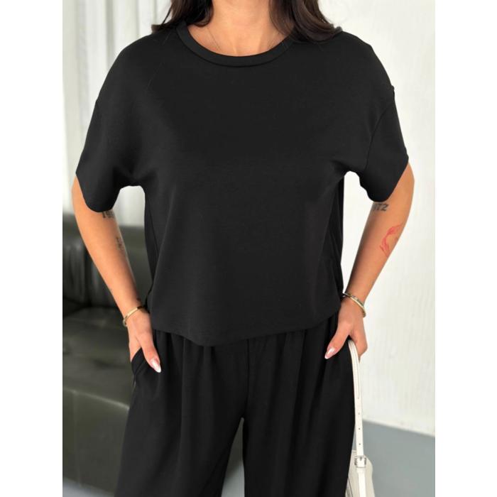 Osy Modal Yumuşak Dokulu Kumaş Bisiklet Yaka T-shirt Bol Paça Pantalon Ikili Takım -Siyah